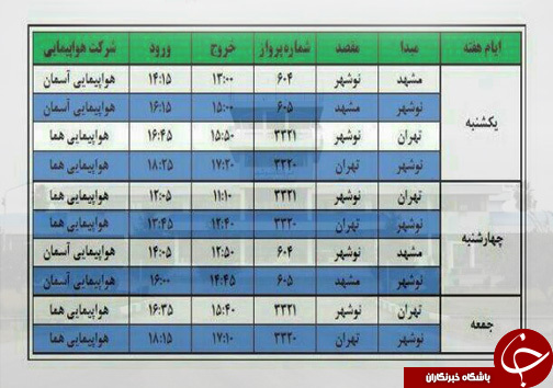 پرواز‌های یکشنبه ۵ آبان ماه فرودگاه‌های مازندران