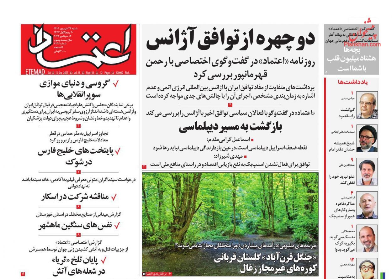 صفحه نخست روزنامه‌ها - شنبه ۲۲ شهریور