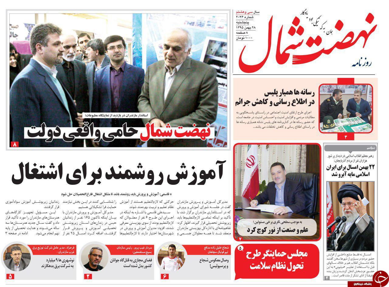 صفحه نخست روزنامه‌های پنج شنبه ۲۸ بهمن مازندران