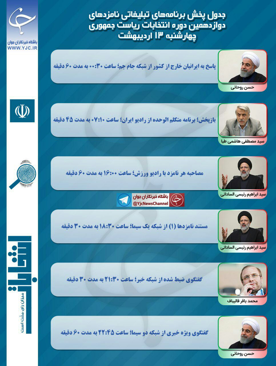 برنامه نامزدهای انتخابات ریاست جمهوری در رسانه ملی در سیزدهمین روز اردیبهشت
