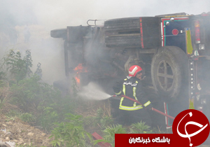 یک مصدوم در اثر آتش سوزی خودروی کامیون در بهشهر  + تصاویر