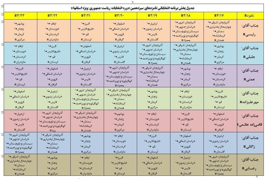 ورود نامزد‌های انتخابات ریاست جمهوری به استان‌ها از ۱۷ خرداد + جدول