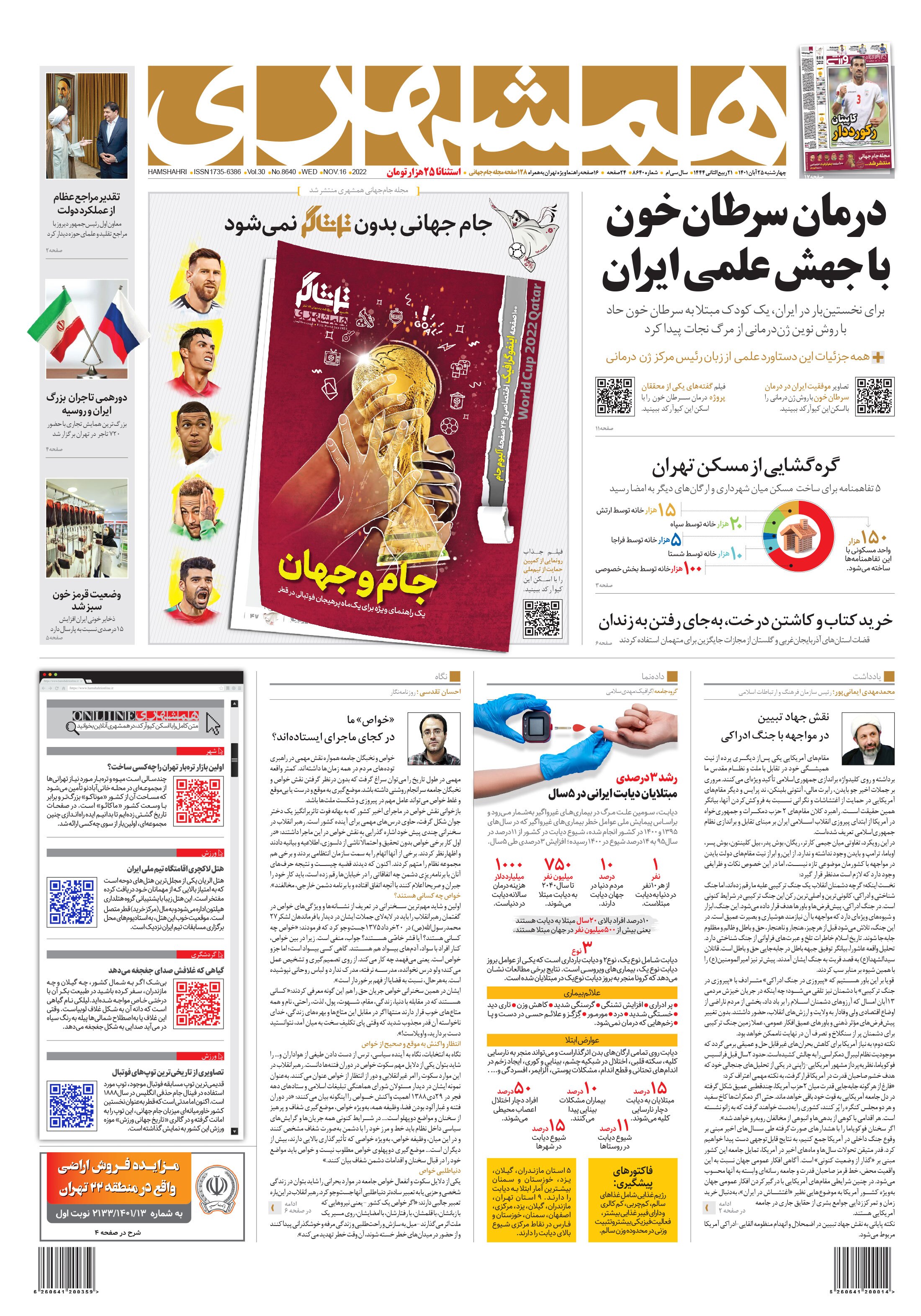 صفحه نخست روزنامهها - چهارشنبه ۲۵ آبان روزنامه همشهری