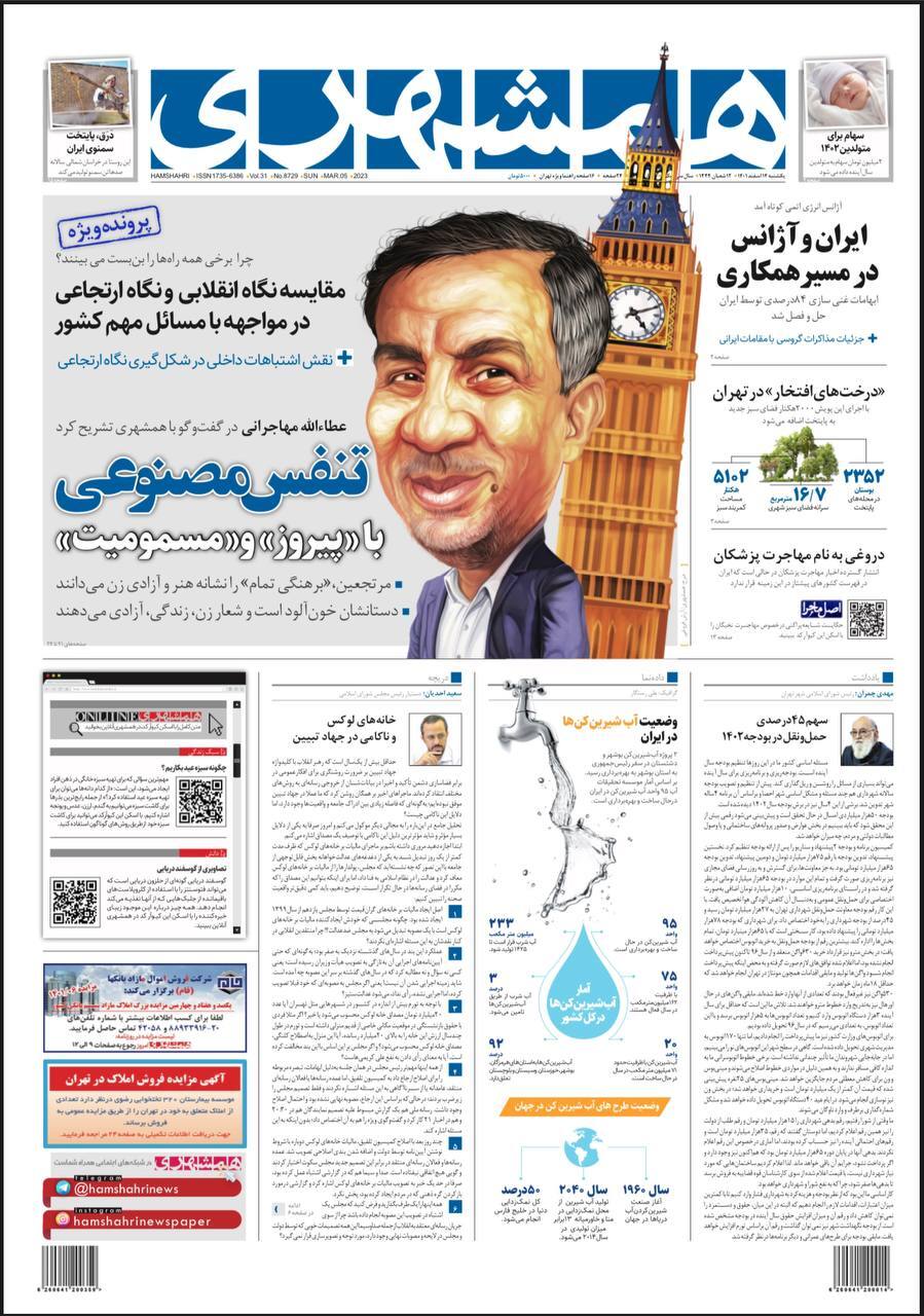 صفحه نخست روزنامهها - یکشنبه ۱۴ اسفند روزنامه همشهری