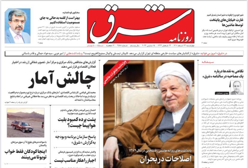 صفحه نخست روزنامهها - چهارشنبه ۲۴ اسفند روزنامه شرق