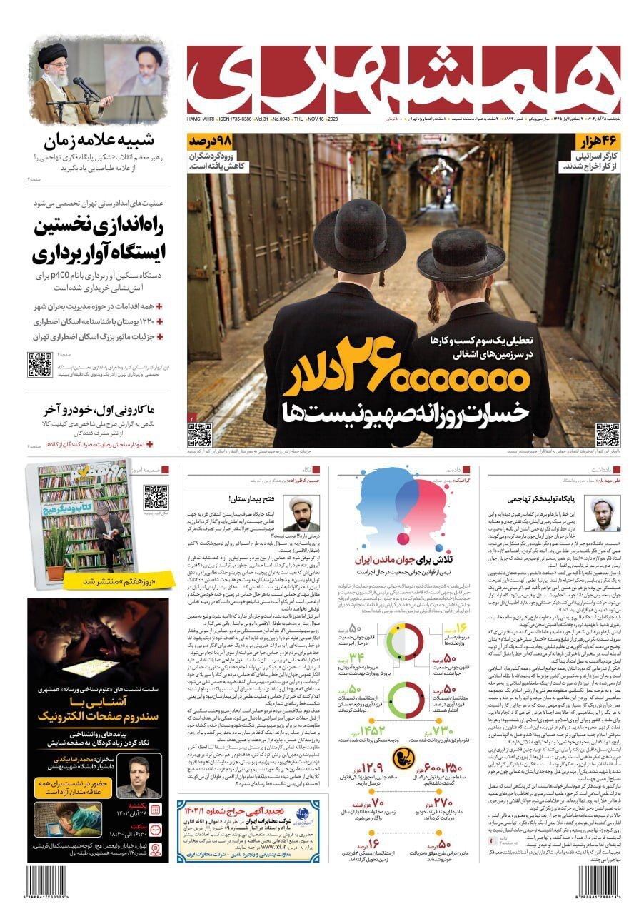 صفحه نخست روزنامهها - پنجشنبه ۲۵ آبان روزنامه همشهری