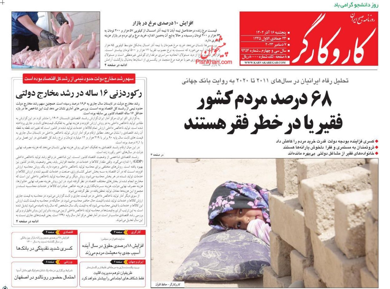 صفحه نخست روزنامهها - پنجشنبه ۱۶ آذر کار و کارگر