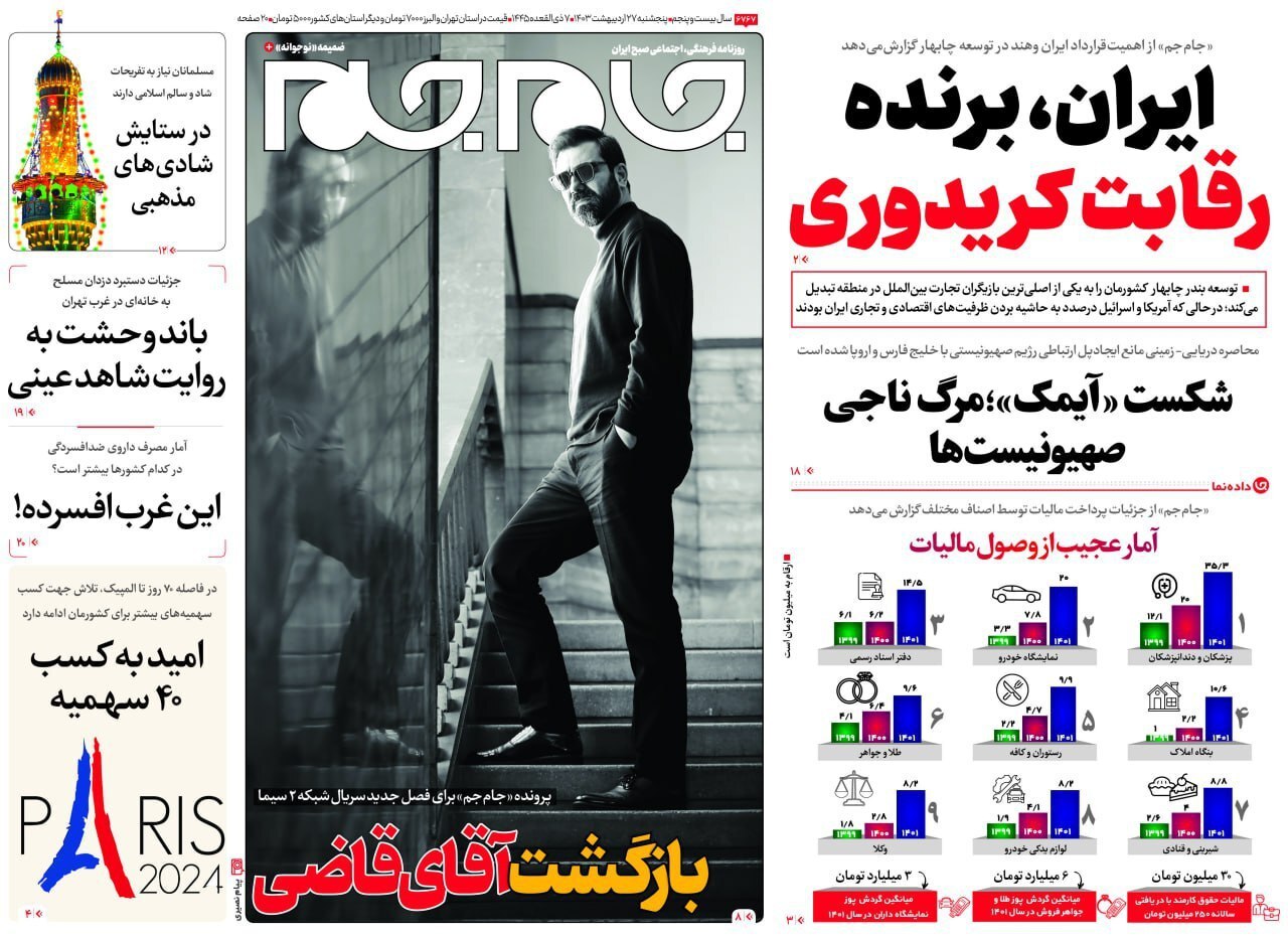 صفحه نخست روزنامهها - پنجشنبه ۲۷ اردیبهشت روزنامه جام جم