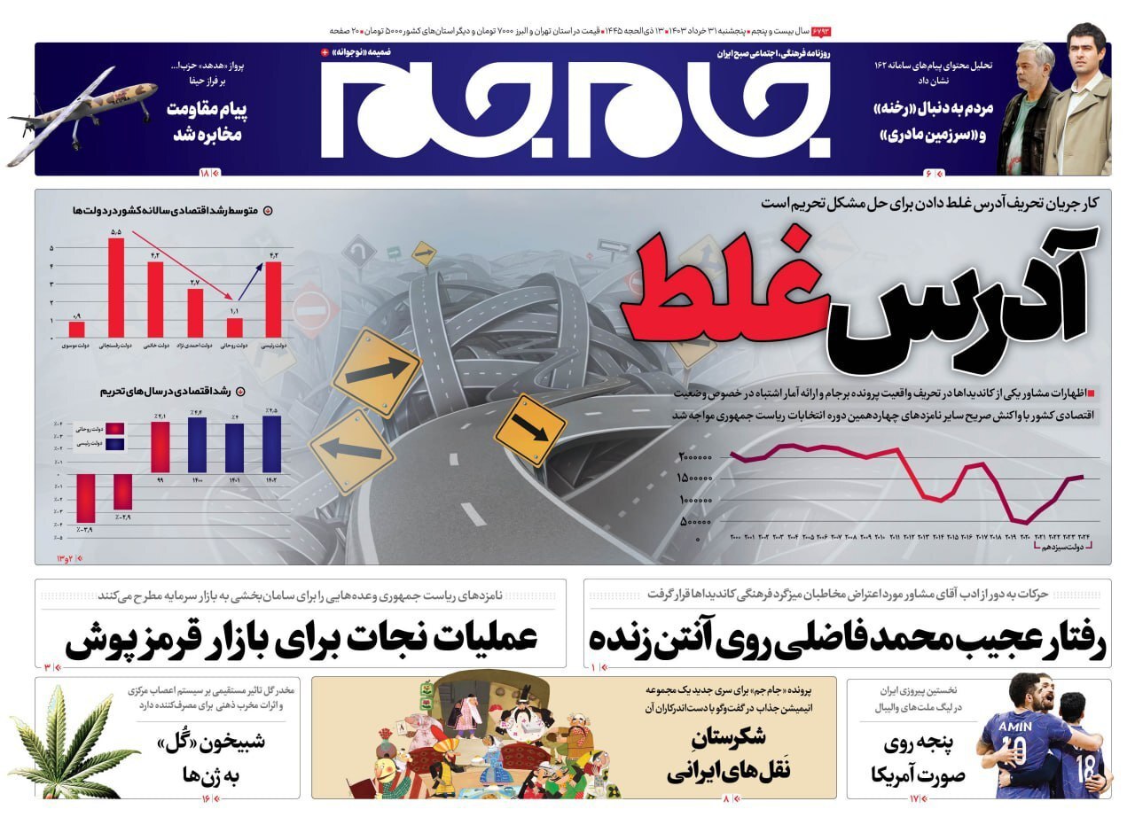 جام جم صفحه نخست روزنامهها - پنجشنبه ۳۱ خرداد