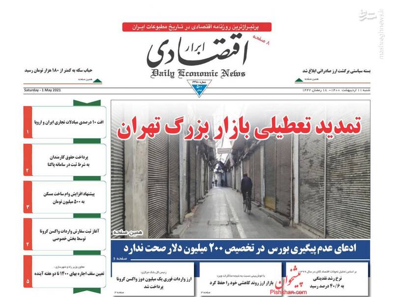ابرار اقتصادی: تمدید تعطیلی بازار بزرگ تهران