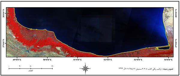 خط ساحلی دریای خزر با استفاده از موزائیک تصاویر Sentinel-2 سال 1399